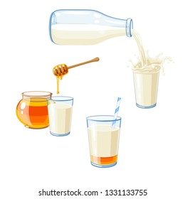 Set of milk and honey. Milk flows out of bottle and splashes into a glass of milk. Pot of honey, honey dipper and glass of mix milk and honey. Vector illustration cartoon flat icon isolated on white.