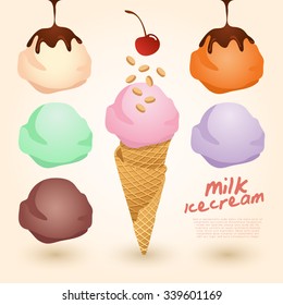 Set of Milk Ice Cream Cones : Vector Illustration