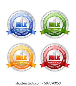 Set of milk icons or badges with ribbons that depict different types of milk on white background