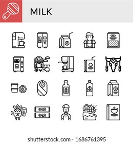 Set of milk icons. Such as Rattle, Coffee machine, Milk, Milk box, Barista, Semolina, Juice, Sheep farm, Coffee maker, Juice box, Cow, Coffee capsule, Baby, Yogurt , icons