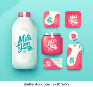 Set Of Milk And Jam Bottle, Business Card , Label And Badges