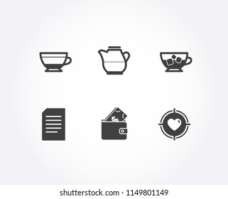 Set of Milk jug, Wallet and Cold coffee icons. Dry cappuccino, Document and Valentine target signs. Fresh drink, Usd cash, Ice cubes in beverage. Beverage mug, Information file, Heart in aim. Vector