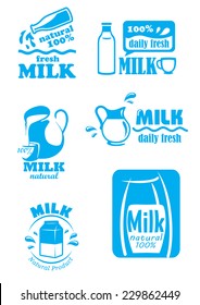 Set of milk labels in turquoise blue and white with assorted text guaranteeing the quality and freshness of the product decorated with bottles, cartons and jugs