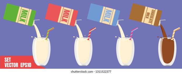 Set milk modern flat style icon or template for design banner or logo. Copy past green red blue and chocolate packaging milk product with splash in a glass. Vector illustration eps10.