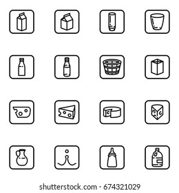 Set of milk packages and glasses outline vector illustration. World milk day concept. Pieces of cheese isolated on white background.