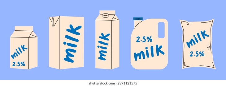 Milchverpackung im flachen Stil. Verschiedene Kartonpackungen, Milchkanister und Zellophanverpackungen. Minimalismus, Vintage.