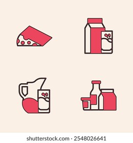 Set Milk product, Cheese, Paper package for kefir and jug pitcher and glass icon. Vector