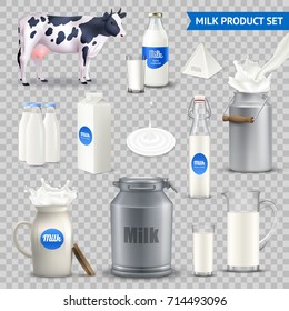 Set of milk product in various containers with cow, dairy splash isolated on transparent background vector illustration