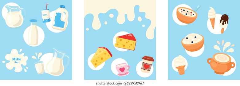 Conjunto de produtos láteos. Coleção de ícones, garrafas de leite e jarras, xícaras de café, queijo e sorvete, iogurte e mingau de leite com bagas. Ilustração vetorial.