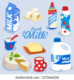 Set of milk products, dairy produce in colorful package icon, butter, cheese, yogurt, whipped cream, vector illustration in flat style