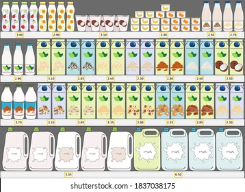 Set Of Milk Products (dairy And Vegan Milk Alternatives) On Shelves In Supermarket. Milk Bottle, Carton Box, Yogurt. Milk Purchase. Hand Drawn Vector Illustration.