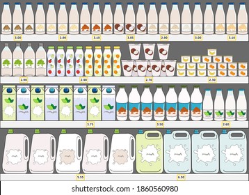 Set of milk products (dairy and vegan milk alternatives) on shelves in supermarket. Milk bottle, carton box, yogurt. Milk purchase. Hand drawn vector illustration.