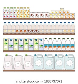 Set of milk products (dairy and vegan milk alternatives) on shelves in supermarket. Milk bottle, carton box, yogurt. Milk purchase. Hand drawn vector illustration.