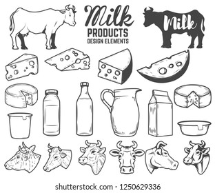 Set of milk products design elements. butter, cheese, sour cream, yogurt, cows. For package, poster, sign, banner, flyer. Vector illustration