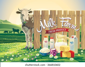 Set Of Milk Products From Farm And Cow, And Rural Landscape.