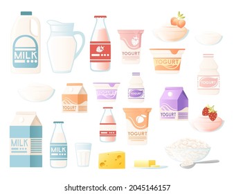 Set of milk products including cheese yogurt cottage cheese cartoon style isolated vector illustration