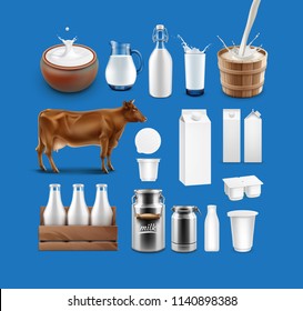 Set of milk products — sour cream, yoghurt, cow, cottage cheese, can, bottle, glass, whey, dairy splash packaging vector realistic illustration isolated on background