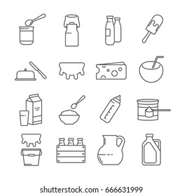 Set Of Milk Related Vector Line Icons. Contains Such Icon As Dairy Product, Milk Product, Dairy Food, Ice Cream, Butter, Cow, Cereal, Baby Food