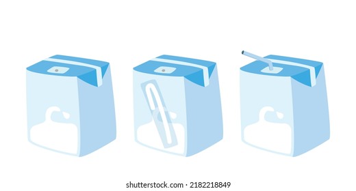 Set Of Milk In Small Carton Box Vector Design. Short Milk Carton Box With Straw Clipart. Milk Box In Different Poses Of Straw Cartoon Style Cute Drawing. Milk Boxes Doodle. Dairy Products Concept