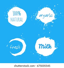 Set of milk splash labels. Organic fresh natural design template, healthy food stamp, tag for cafe, market, package. Hand drawn lettering card, watercolor ink dry brush stroke. Vector logo or sign.
