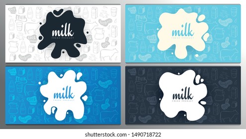 Set of Milk splashes banners and blot design on the hand draw doodle background
