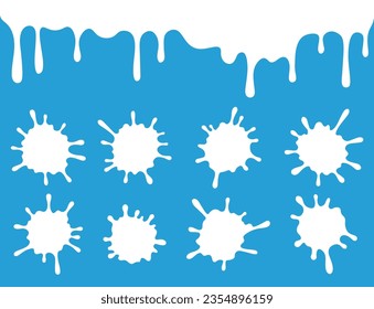 Set of milk splashes, drops in flat style. Yogurt splatters and falling droplets, paint stains collection. Running or dripping milk product. Badge collection.