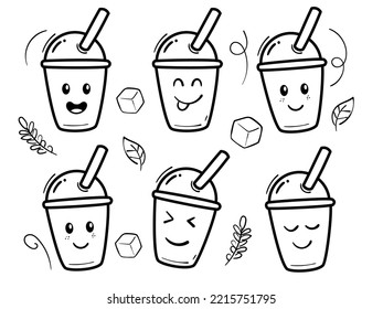 Set of milk tea doodles with facial expressions. Disposable drink cup hand-drawn vector isolated on white background