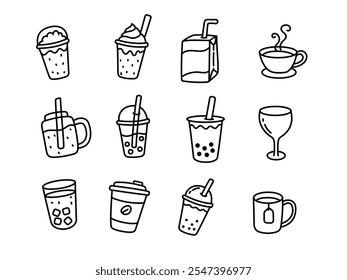 Set of milk tea and drinks doodle illustration with black and white color