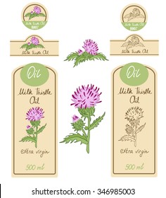  Set Of Milk Thistle Oil Labels, Hand Draw Vector Illustration