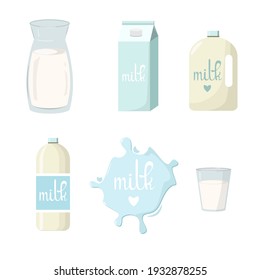 Set with milk in various packages. Lettering in white letters on a blue background. Glass jug, glass, bottle, canister, paper packaging