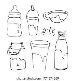 Set of milk vector illustration. Doodle style. Design, print, decor, textile, paper