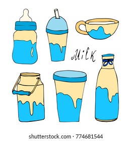Set of milk vector illustration. Doodle style. Design, print, decor, textile, paper