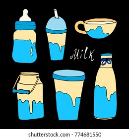 Set of milk vector illustration. Doodle style. Design, print, decor, textile, paper