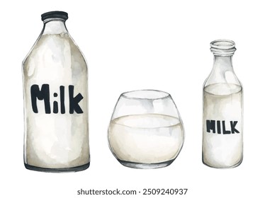 Un juego de leche. Ilustración de acuarela para decoración.