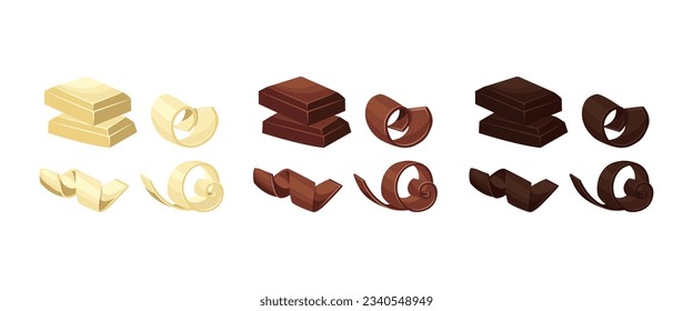 A set of milk, white and dark chocolate, chocolate curls, shavings. Vector horizontal illustration