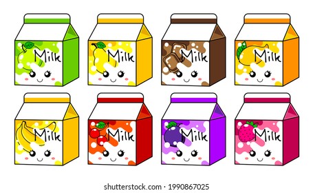 set of milk or yoghurt boxes with chocolate, plum, mango, banana, apple, pear, strawberry and cherry in kawaii style