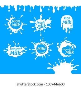 Set of milk, yoghurt, cream blots and splash, dripping liquid drips flows down. Dessert food design text. Vector illustration.