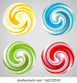 Set of milk yogurt cream curl or lollipop. Vector illustration for sweet sugarplum design. Smooth textures of sugar candy. Bright red, blue, yellow, green and white color.