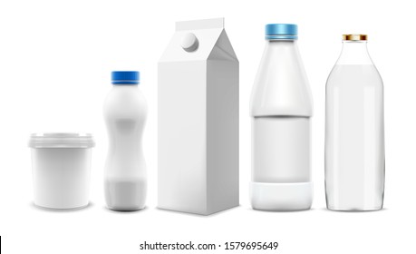 Set of Milk and yogurt vector packaging 3D templates. Collection of blank bottles and cartons that can be used as mock-up in product and marketing design. Pure vector speed up your workflow