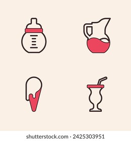 Set Milkshake, Baby milk in bottle, jug or pitcher and Ice cream waffle cone icon. Vector