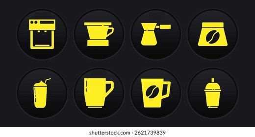Set Milkshake, Bag of coffee beans, Coffee cup, turk, V60 maker, to go and machine icon. Vector