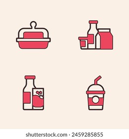 Set Milkshake, Butter in butter dish, product and Bottle milk and glass icon. Vector