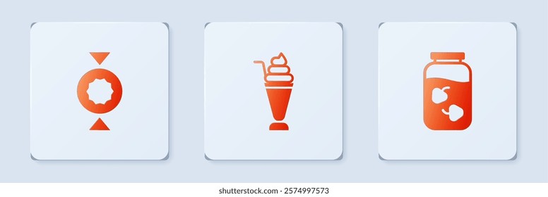 Set Milkshake, Candy and Strawberry jam jar. White square button. Vector