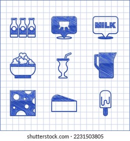 Set Milkshake, Cheese, Ice cream, jug or pitcher, Cottage cheese, Lettering milk and Bottle with icon. Vector