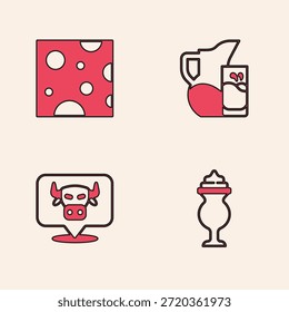 Set de malteada, queso, jarra o jarra y vidrio y el icono de la cabeza de vaca. Vector