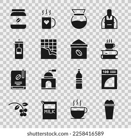 Set Milkshake, Coffee paper filter, cup and book, Pour over coffee maker, Chocolate bar, French press, jar botella e ícono de Bag. Vector
