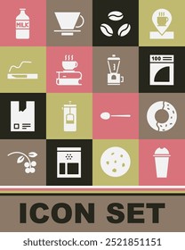 Set Milkshake, Donut with sweet glaze, Coffee paper filter, beans, cup and book, Cigarette, Bottle milk and Electric coffee grinder icon. Vector