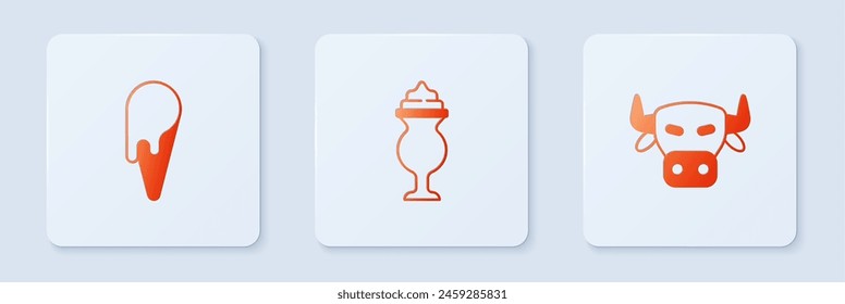 Set Milkshake, Ice cream in waffle cone and Cow head. White square button. Vector