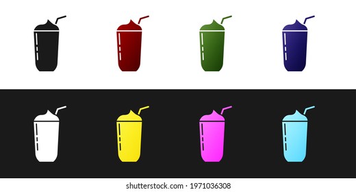 Set Milkshake icon isolated on black and white background. Plastic cup with lid and straw.  Vector