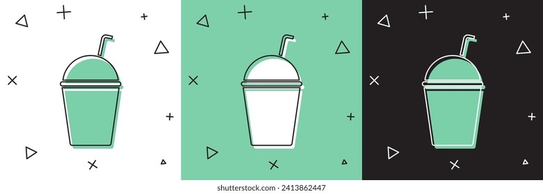 Set Milkshake icon isolated on white and green, black background. Plastic cup with lid and straw.  Vector Illustration